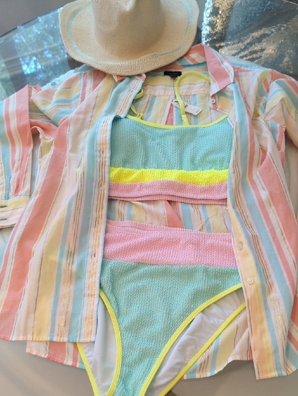 Talbots98% Cotton Pastel Metallic Gold Multi-Stripe Button-Down Shirtcover Up L